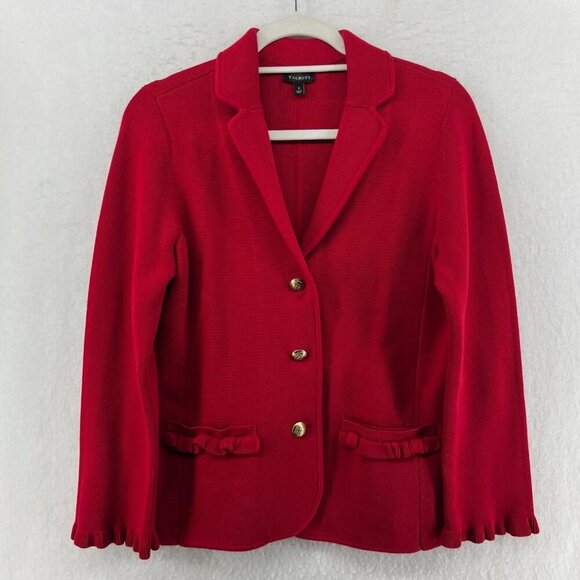 Talbots Blazer Jacket Womens S Red Ruffle Trim Business Casual Button Up Classic - Picture 1 of 12